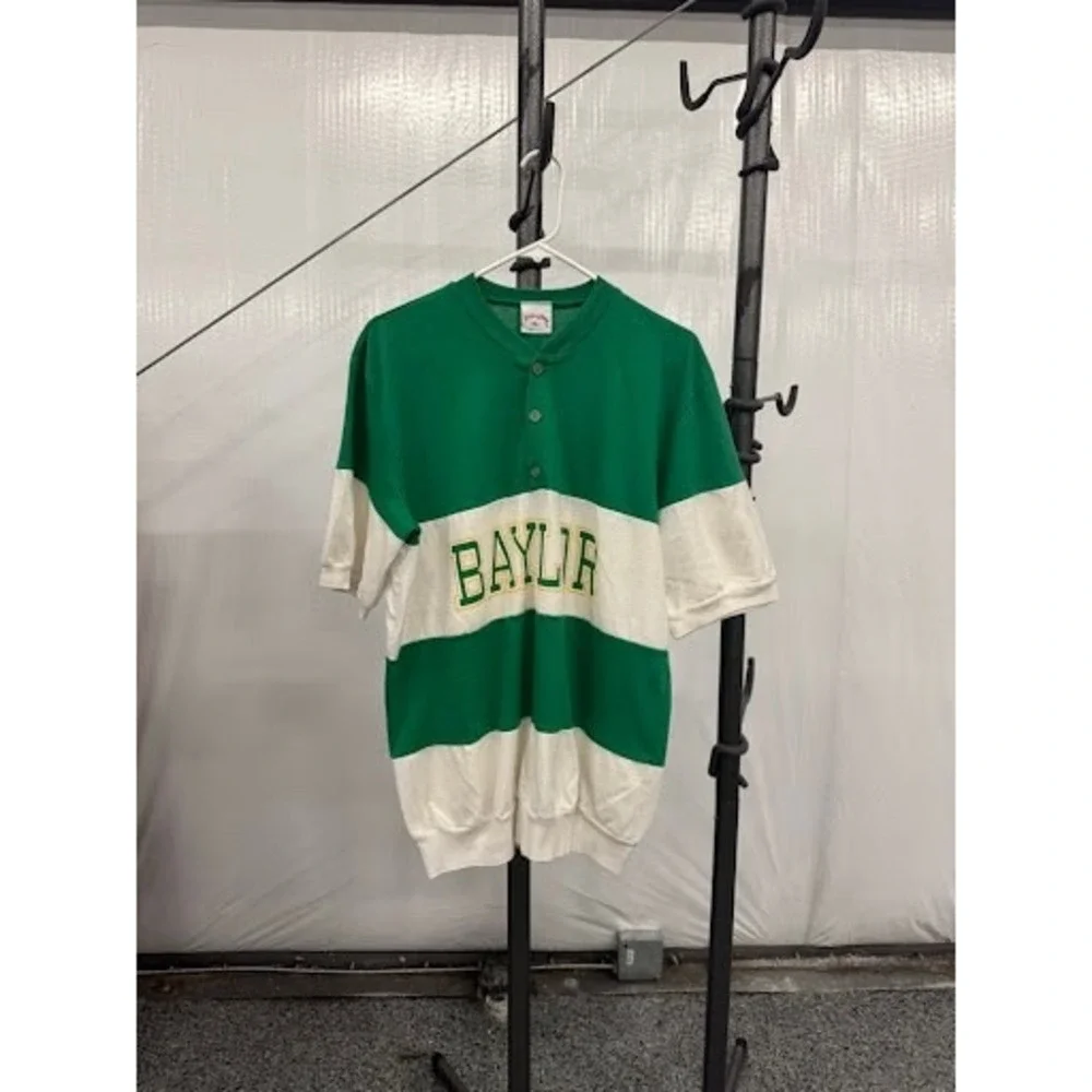 Vintage 90s Baylor University Henley Shirt XL Nutmeg Mills USA Striped Green